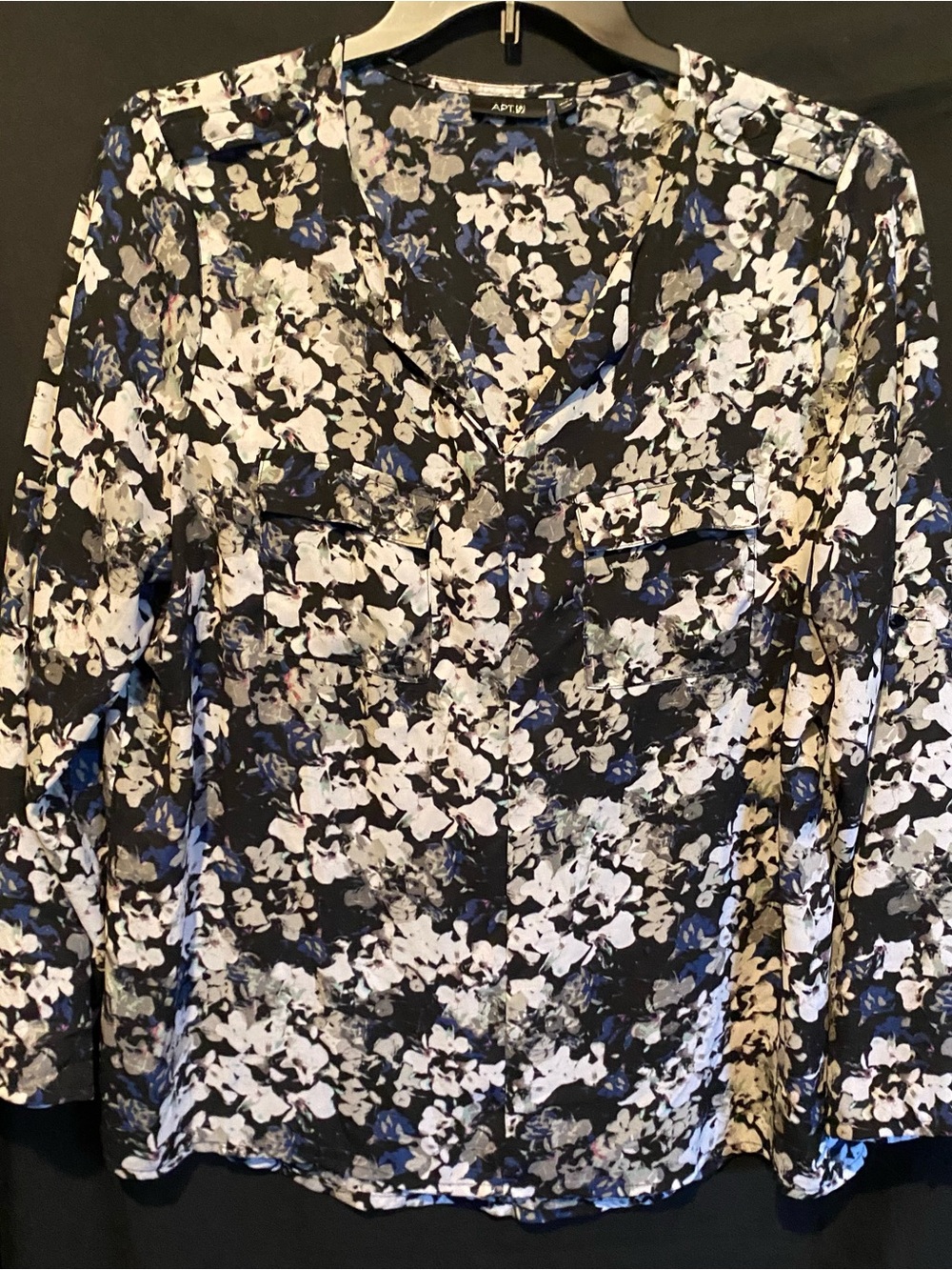 Apt. 9 Black Floral Print Skirt with White and Blue Blossoms
